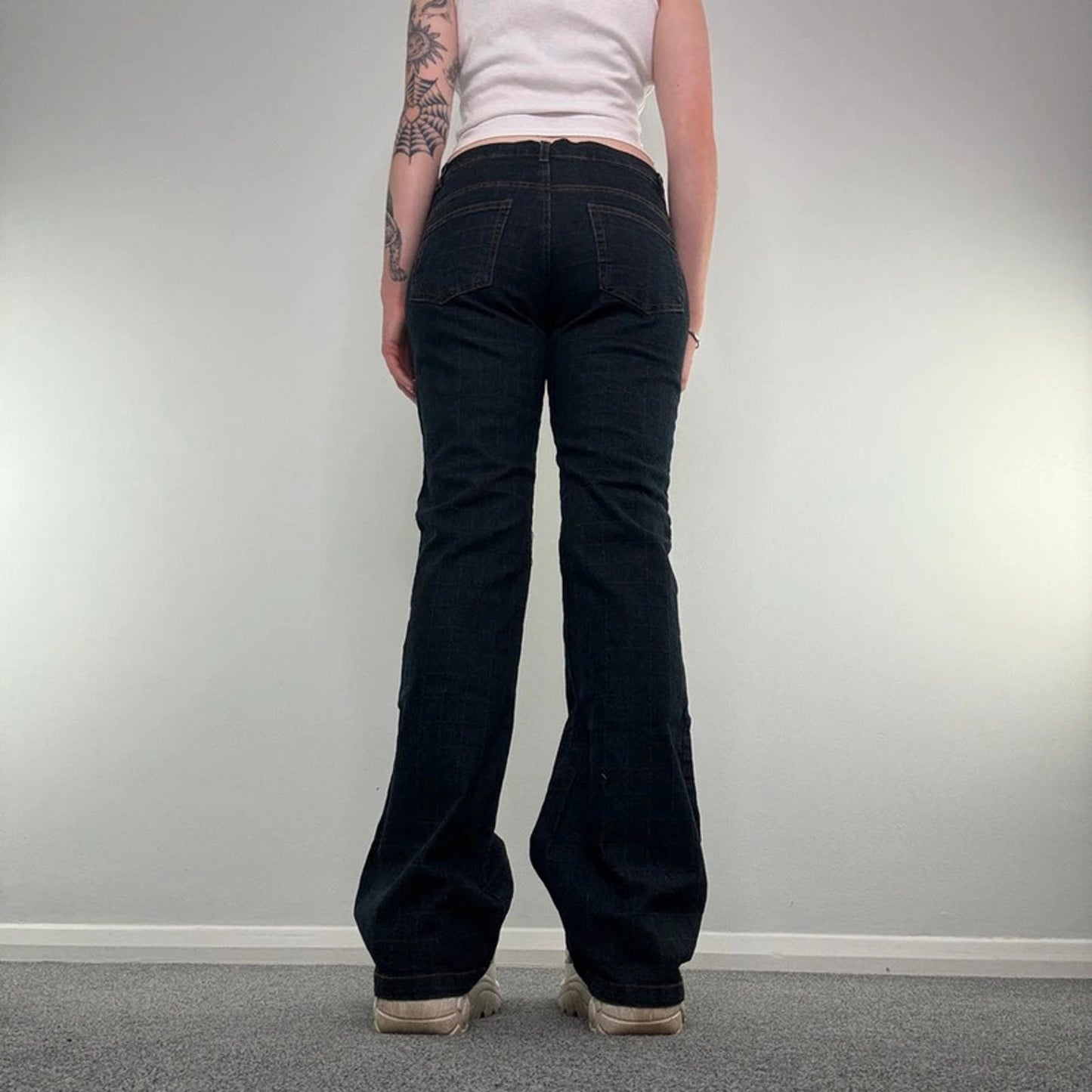 Y2K mid rise dark denim bootcut jeans chequered grid square print flare leg