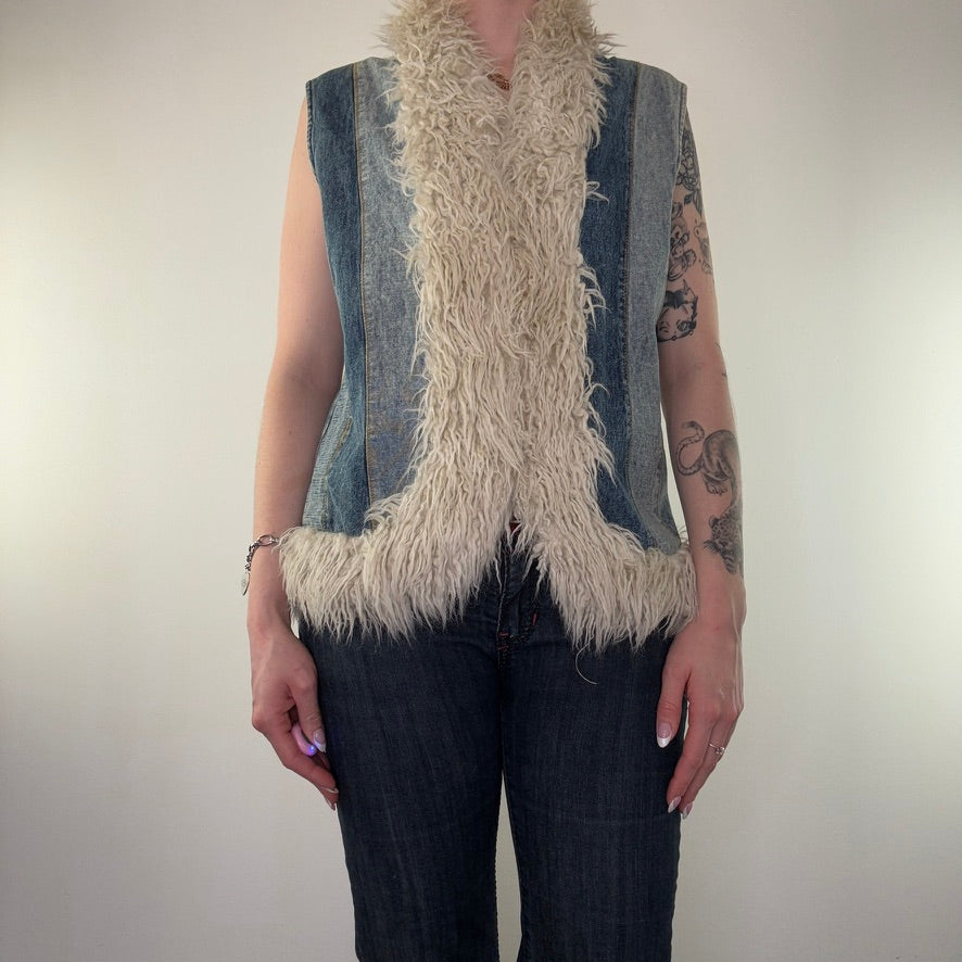 Y2K vintage denim patchwork gilet body warmer sleeveless jacket