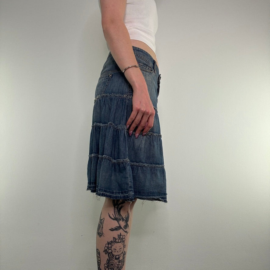 Y2K low rise faded denim tiered midi skirt