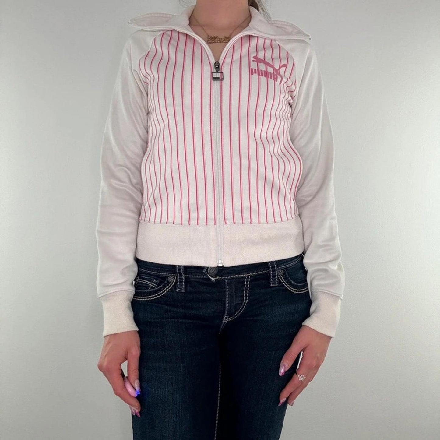Y2K vintage Puma pinstripe zip up jumper white baby pink