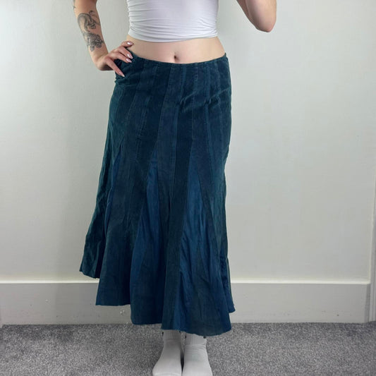 Y2K vintage corduroy maxi skirt a line patchwork faux suede deep blue
