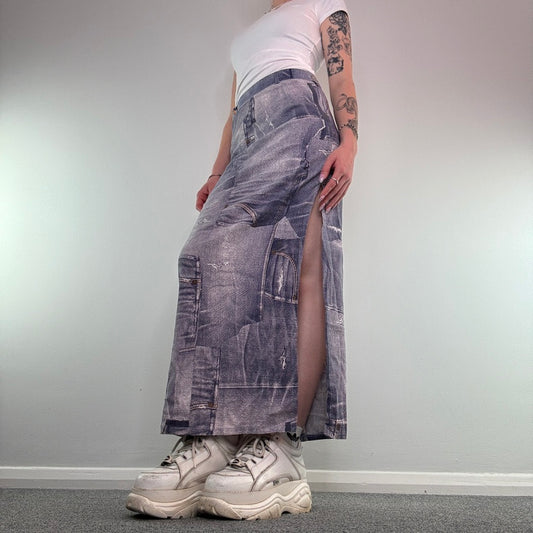 Y2K vintage denim printed pattern sparkly maxi skirt