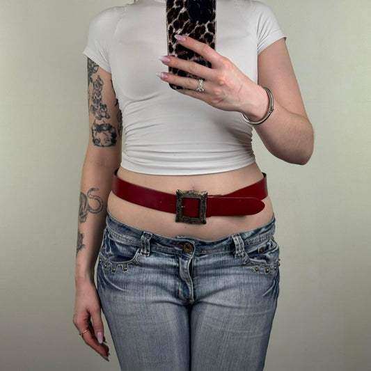 Y2K vintage real leather square buckle belt red embossed