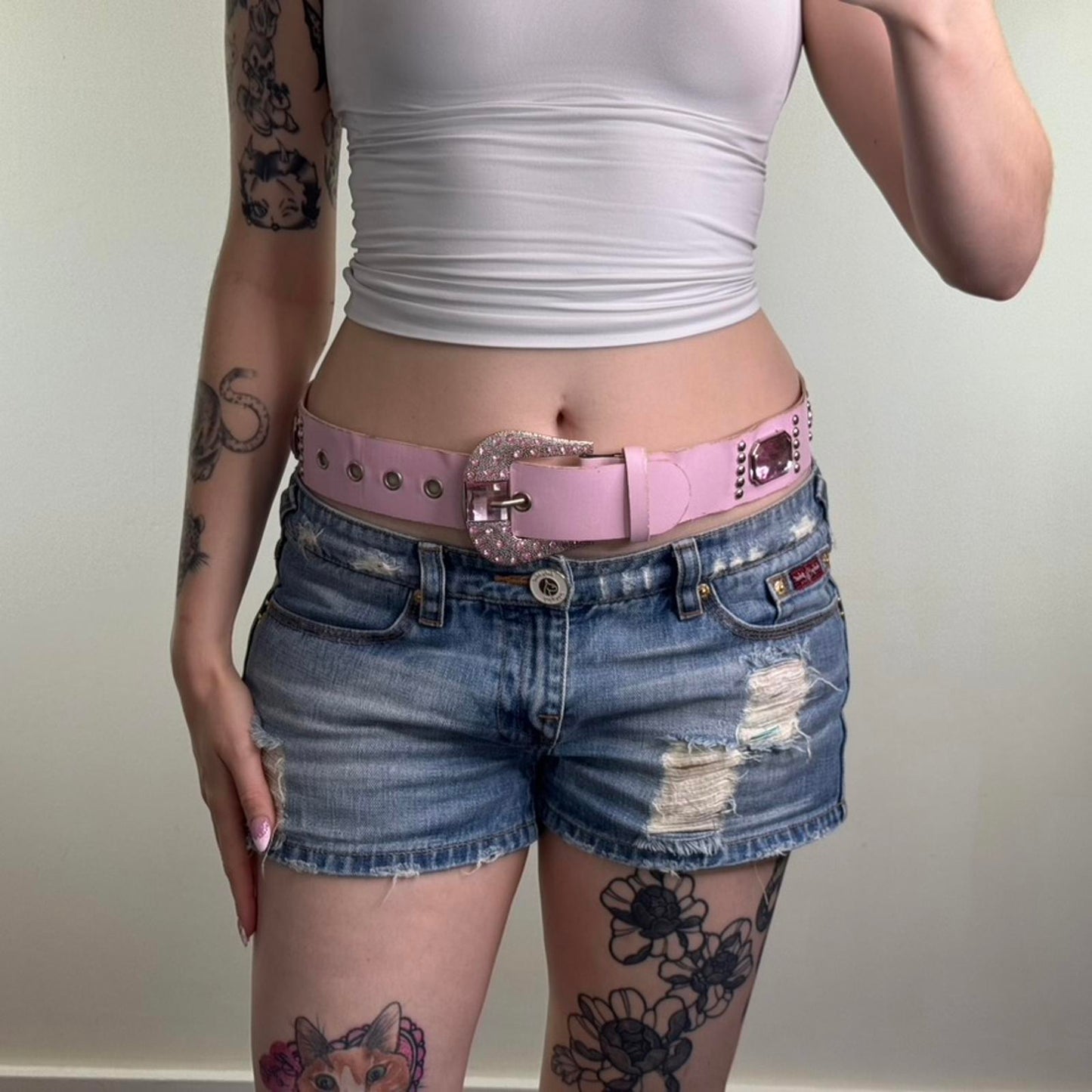 Y2K vintage faux leather chunky belt mcbling rhinestone studded baby pink silver