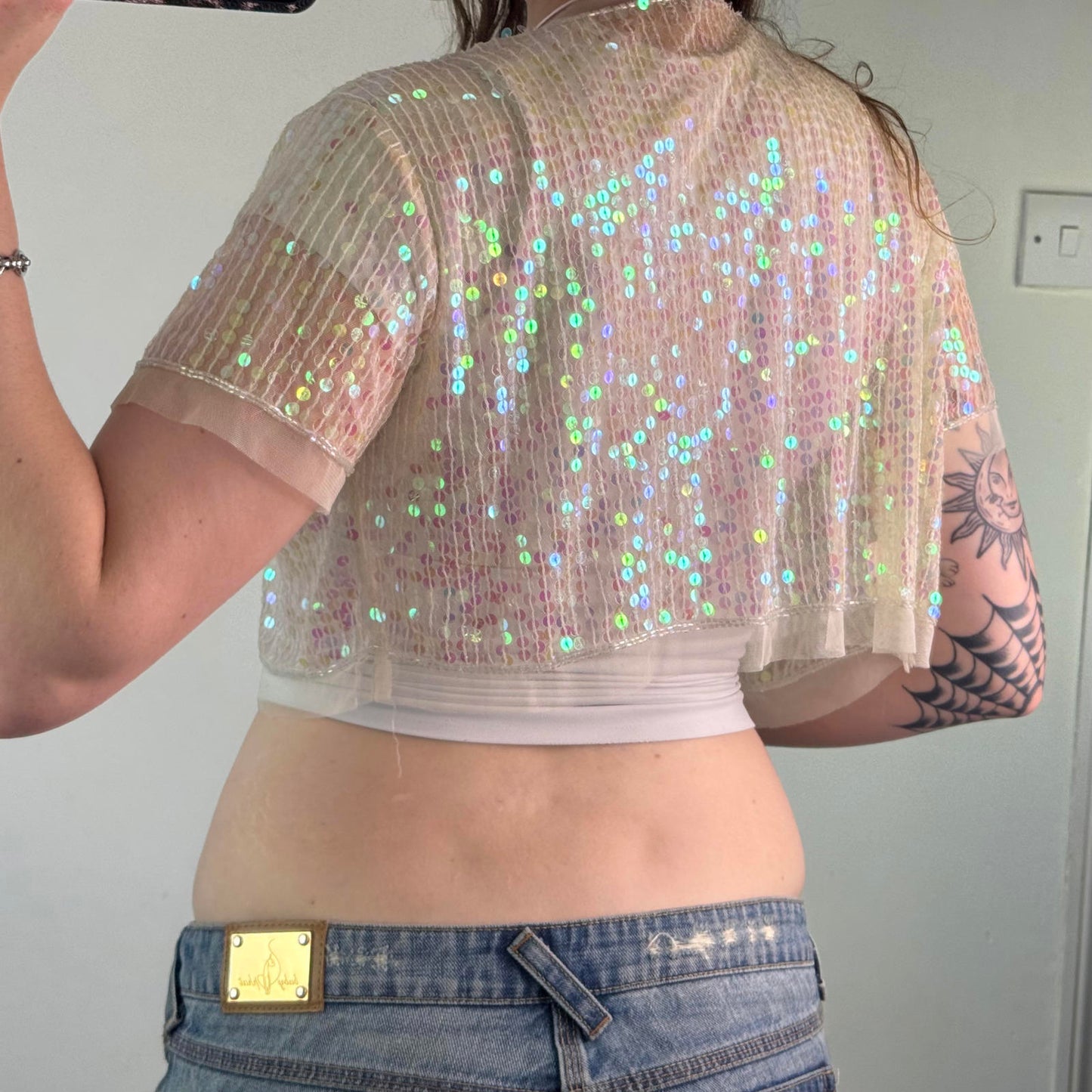 Y2K vintage sequin embellished mesh open front cropped cardigan short sleeve