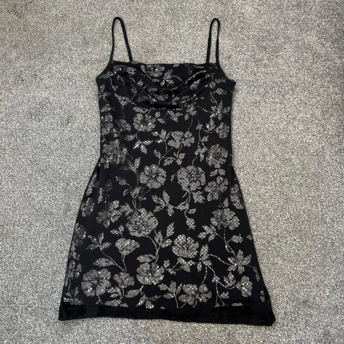 Y2K vintage mini dress sequin cowl neck floral mesh festival party strappy