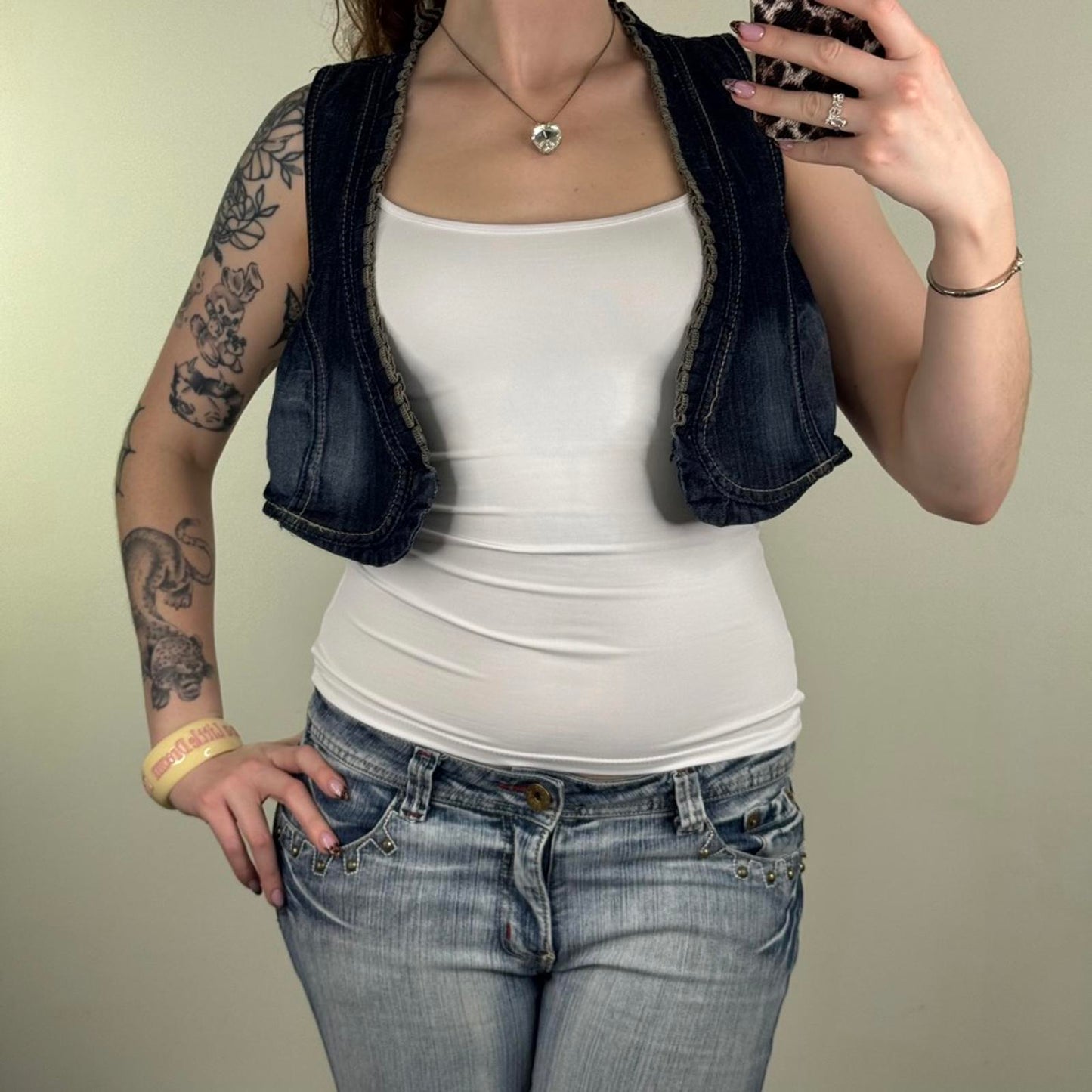 Y2K vintage denim waistcoat top cropped v neck frill hook and eye faded blue