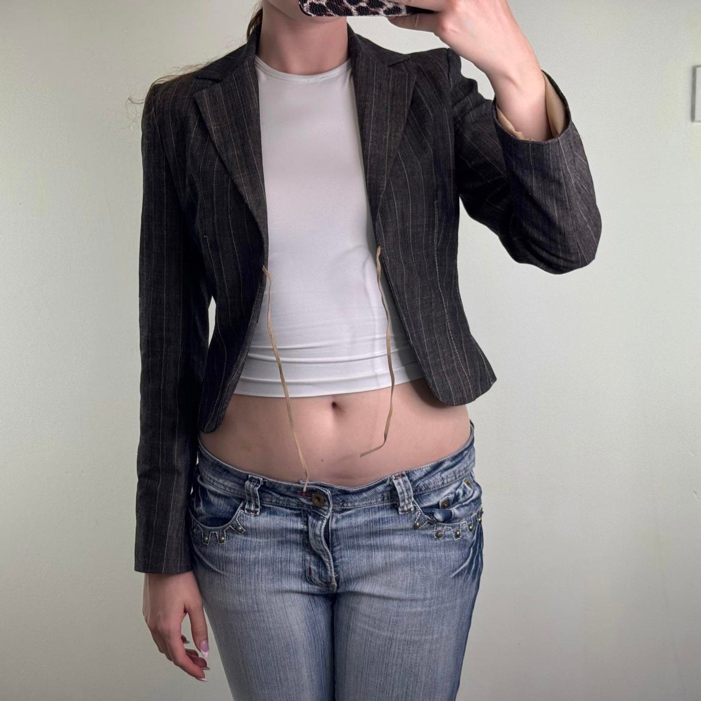 Y2K vintage pinstripe crop blazer bow open front shoulder pads tailored office