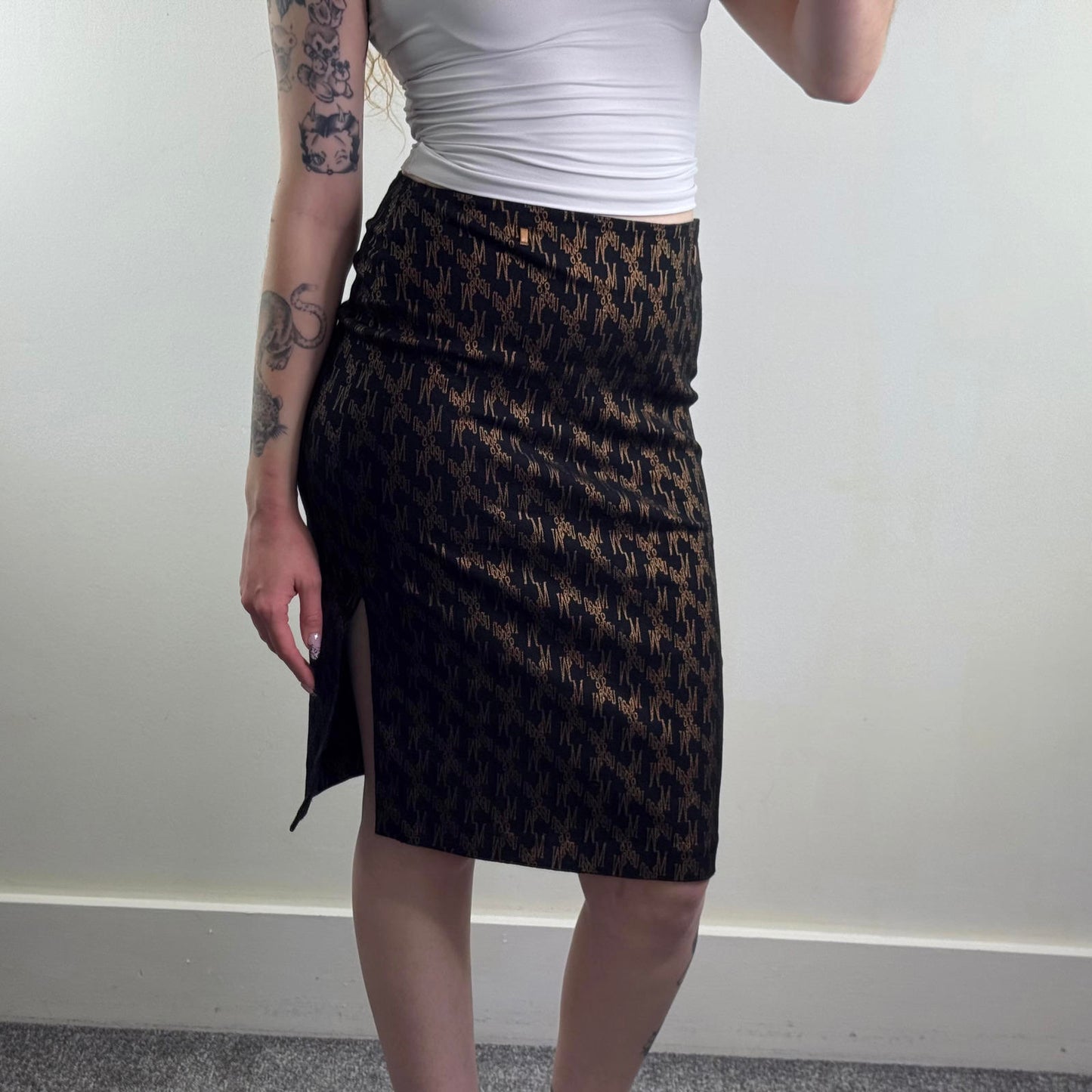 Y2K vintage Morgan De Toi midi skirt thigh slit black gold knee length tailored