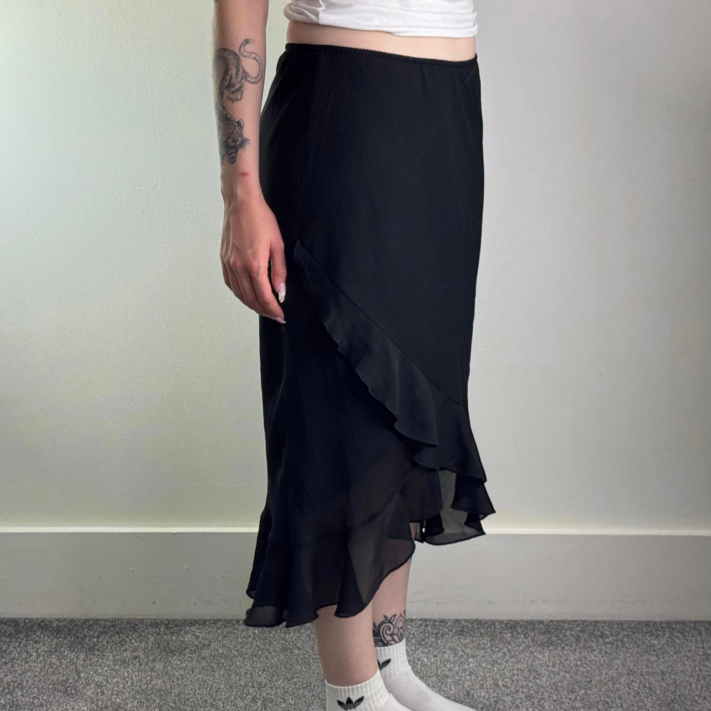 Y2K vintage low rise frilly ruffle midi skirt stretchy double sheer overlay