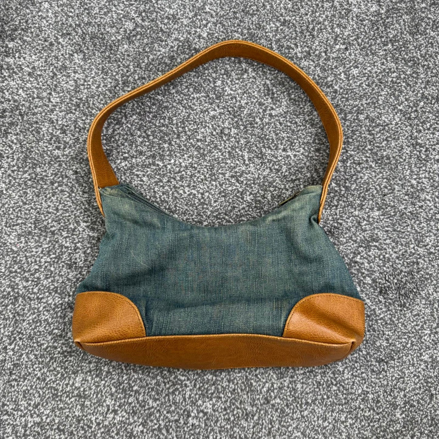 Y2K vintage denim faux leather mini shoulder bag zipper closure small blue brown