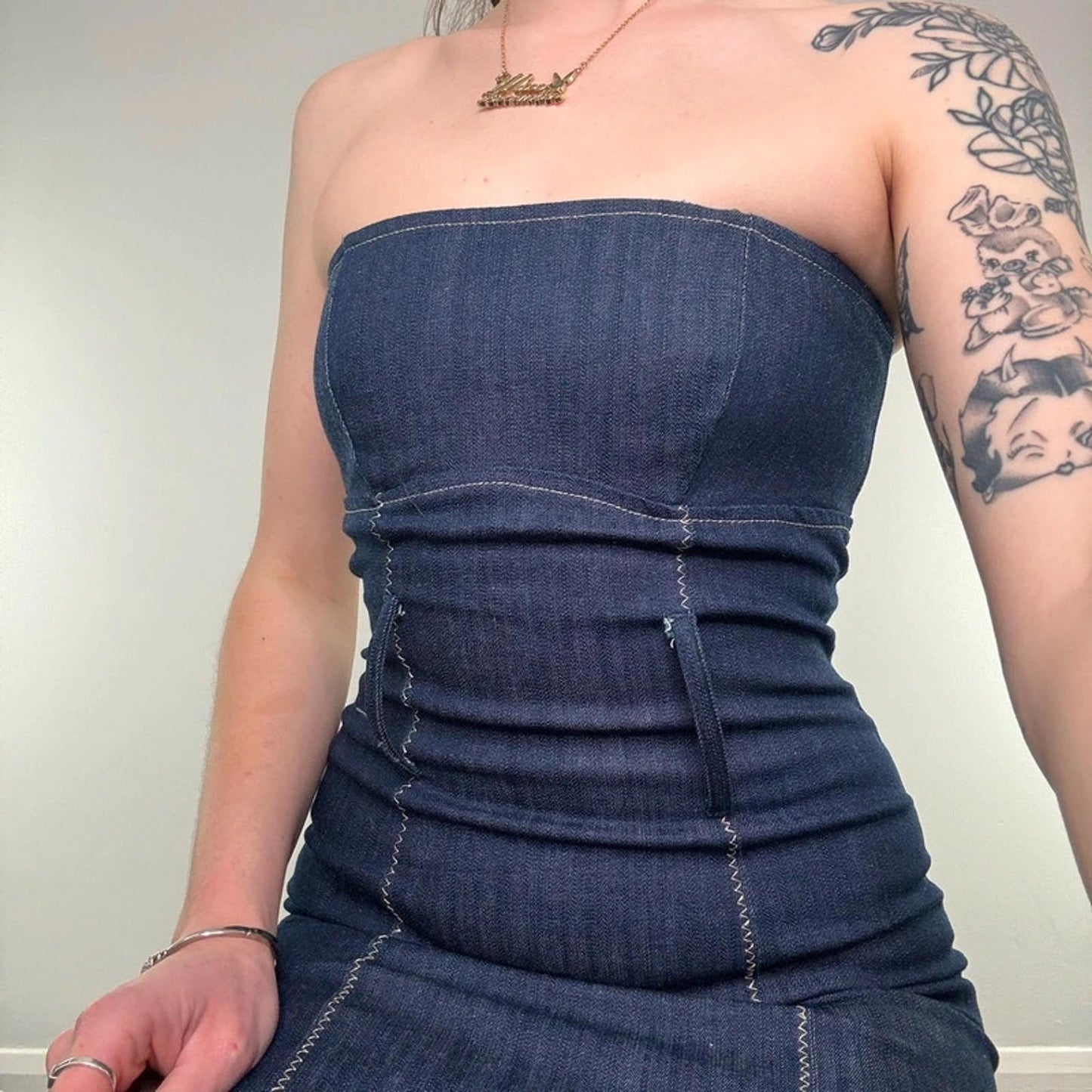 Y2K vintage fitted strapless denim midi dress contrast stitch
