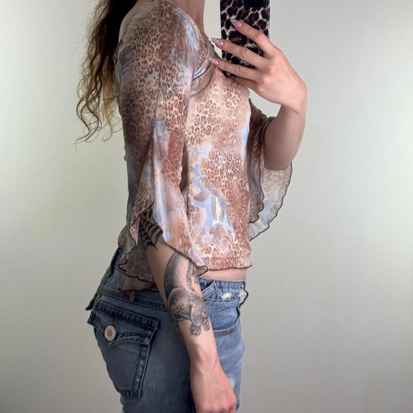 Y2K vintage mesh flare bell sleeve leopard print top ruched bust overlay