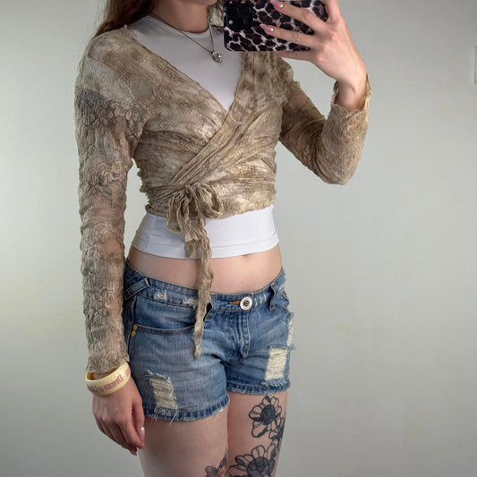 Y2K vintage wrap around cardigan sheer lace beige ombre tie bow adjustable