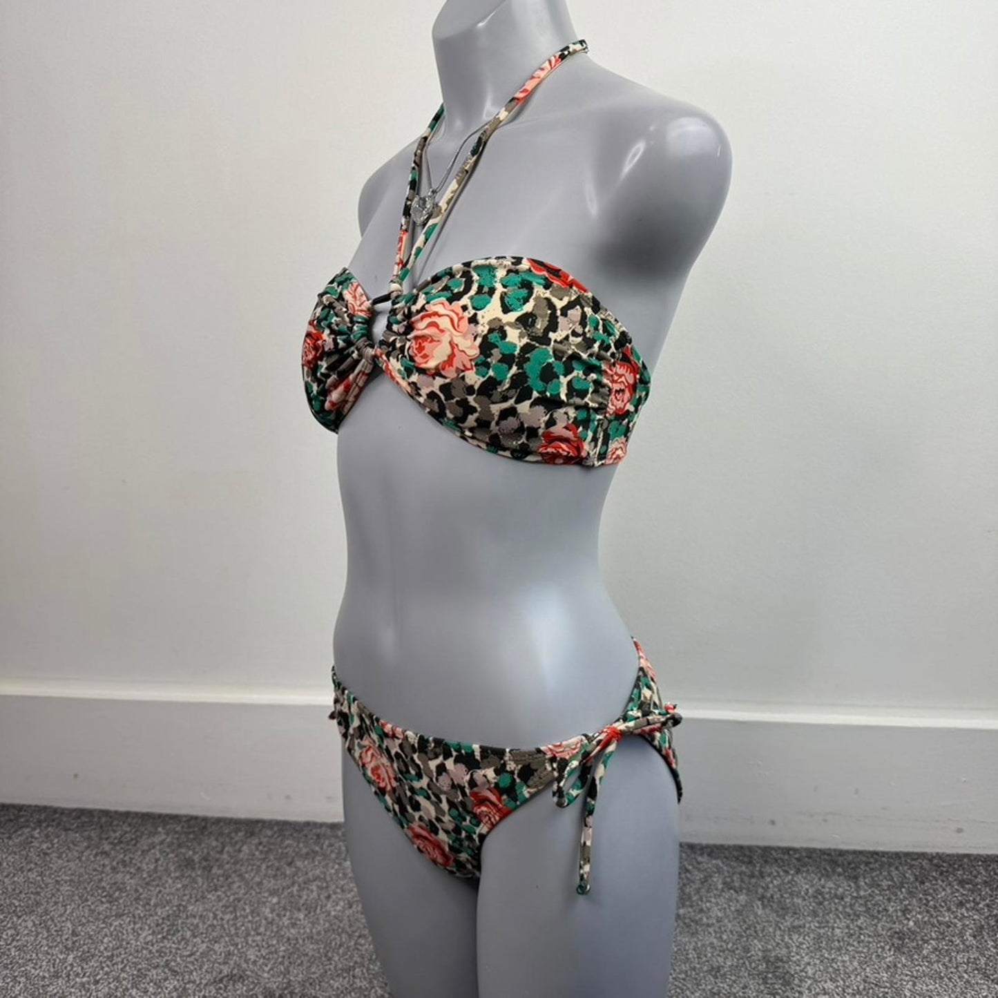 Y2K vintage floral leopard print rose halter neck bow matching bikini set
