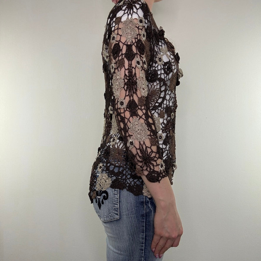 Y2K vintage crochet floral cardigan v neck boho fairy