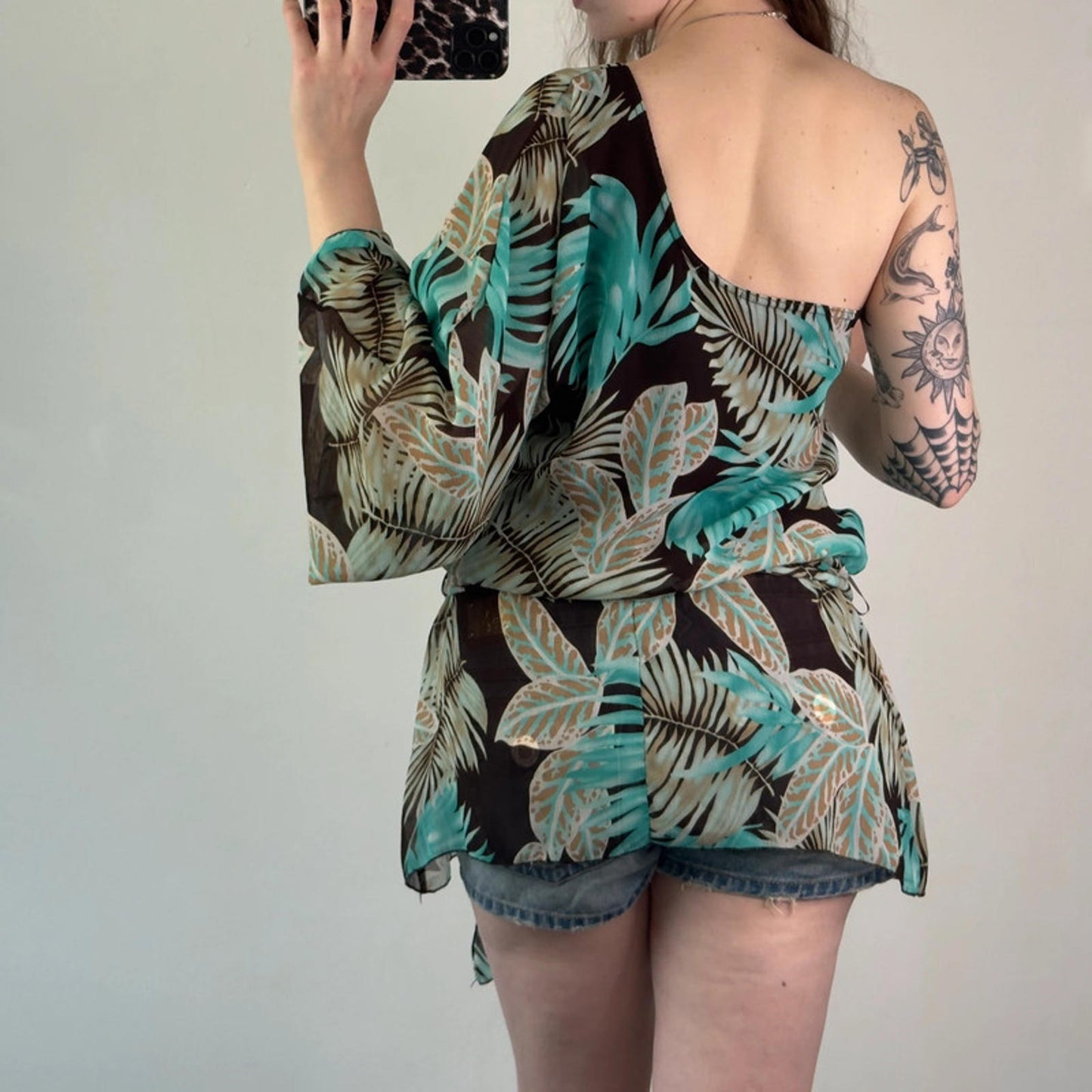 Y2k vintage flowy one shoulder summer long top palm tree summer flare sleeve
