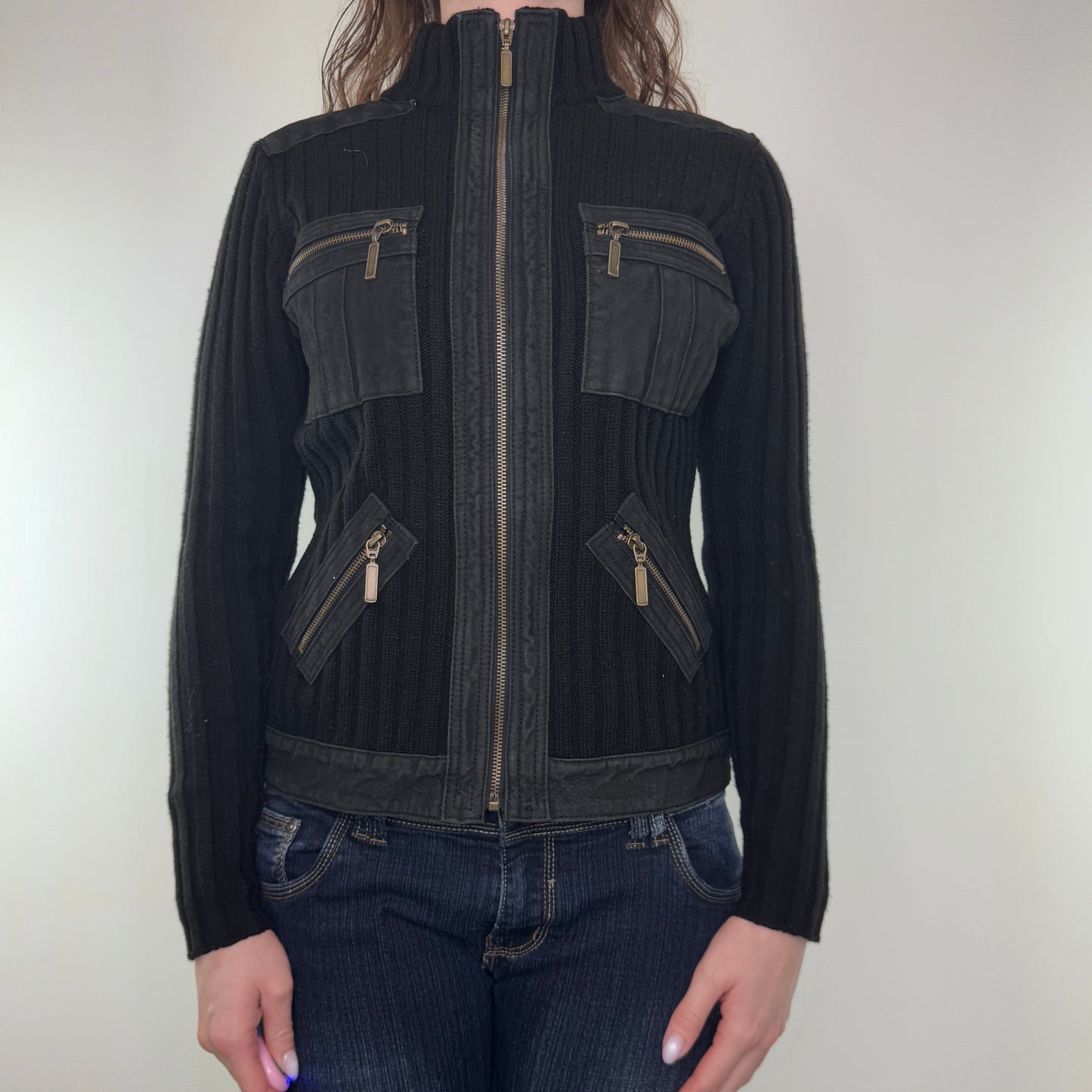 Y2K vintage ribbed knit suede zip up jumper