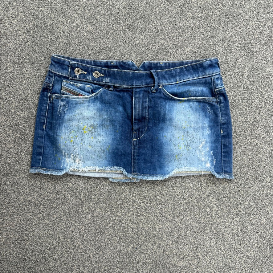 Diesel micro low rise paint splattered faded denim mini skirt