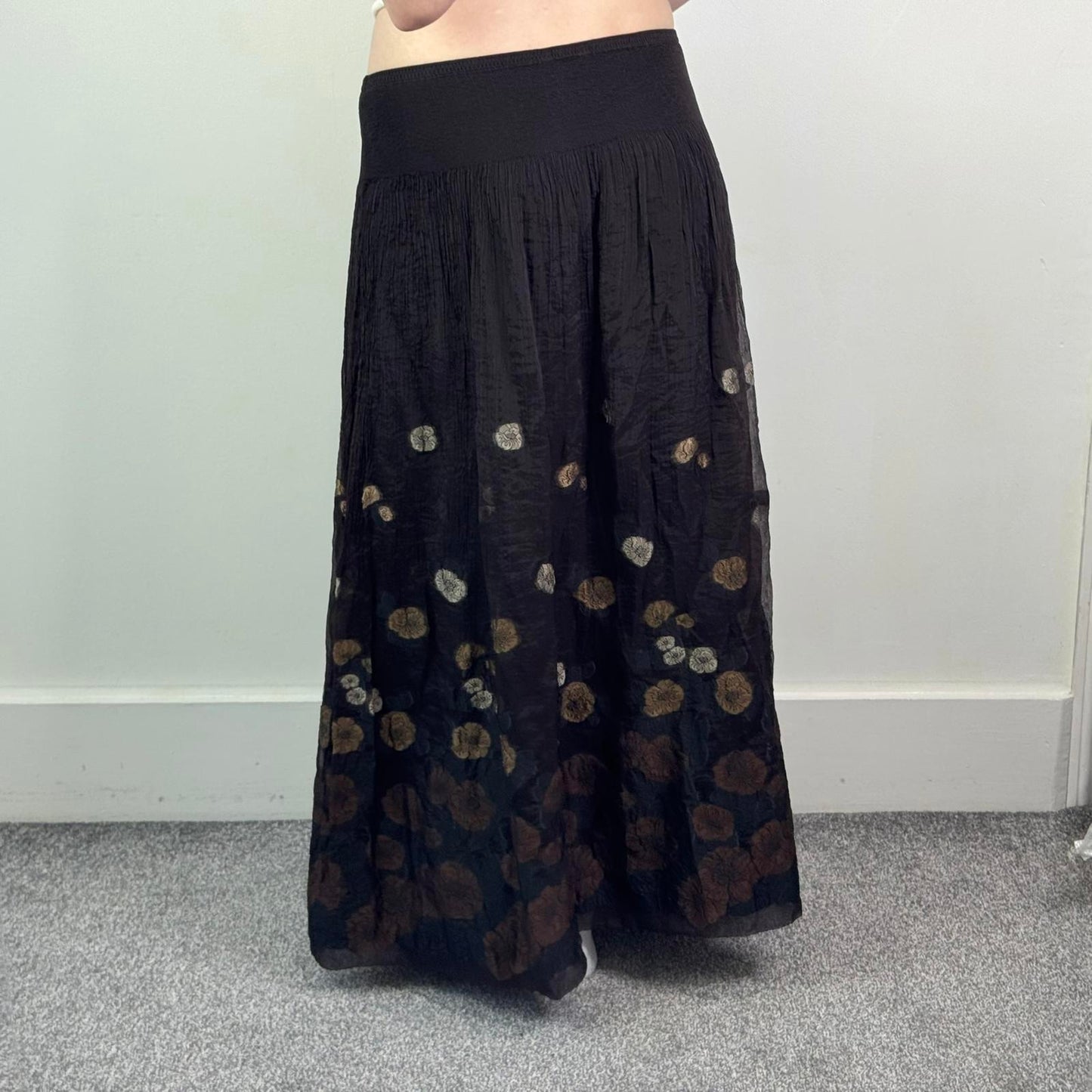 Y2K vintage stretchy maxi skirt floral sheer double overlay brown a line