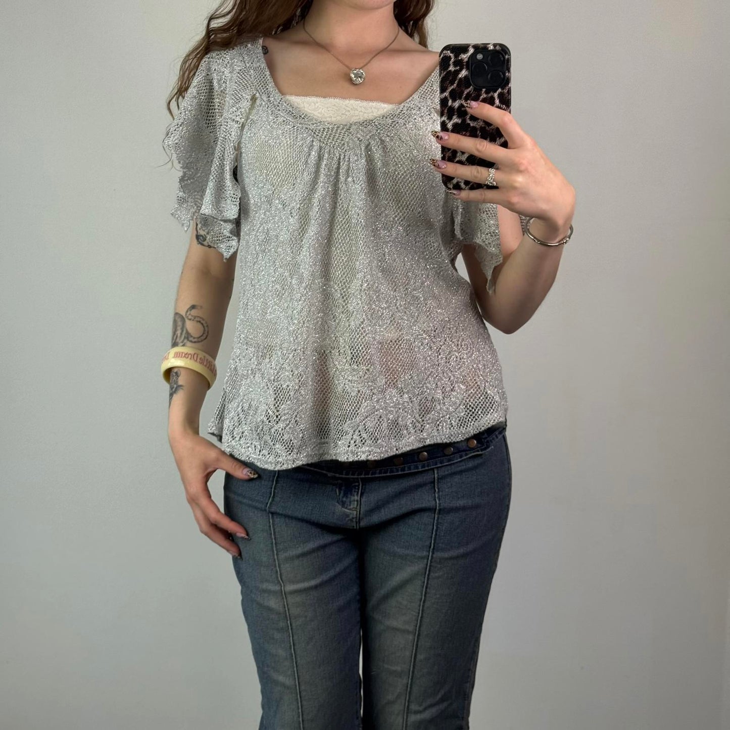 Y2K vintage sparkly knit top flare sleeve sheer low round neck silver frilly