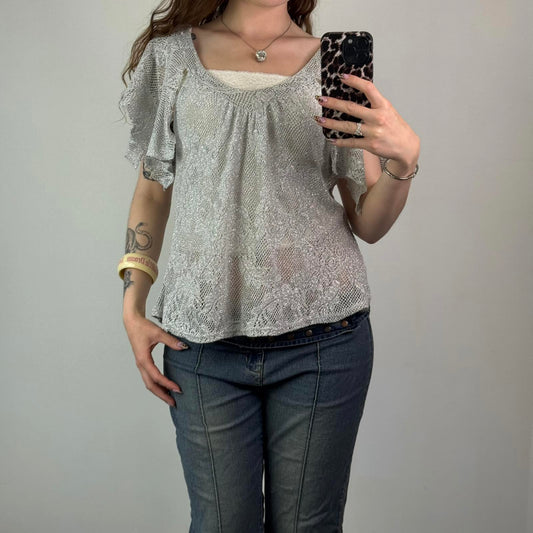 Y2K vintage sparkly knit top flare sleeve sheer low round neck silver frilly