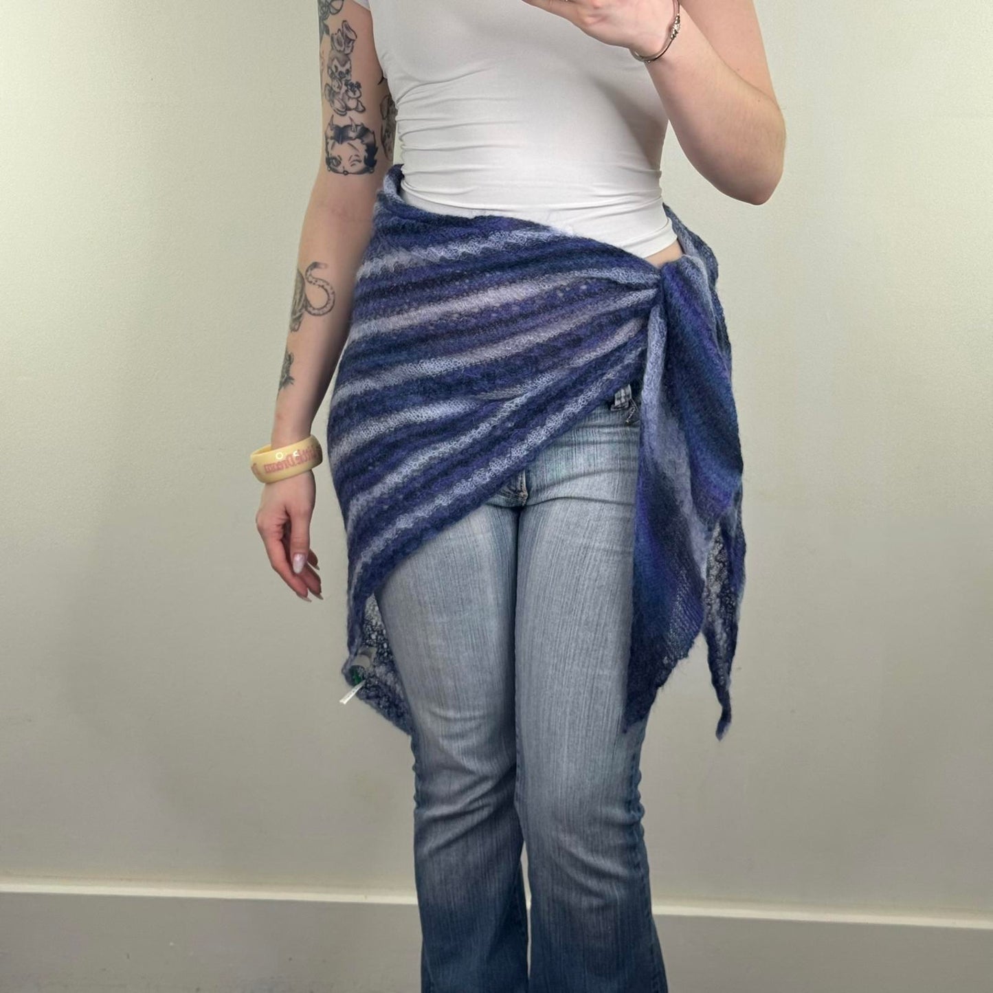 Y2K vintage mohair blend scarf sarong stripe multiway sheer light dark blue