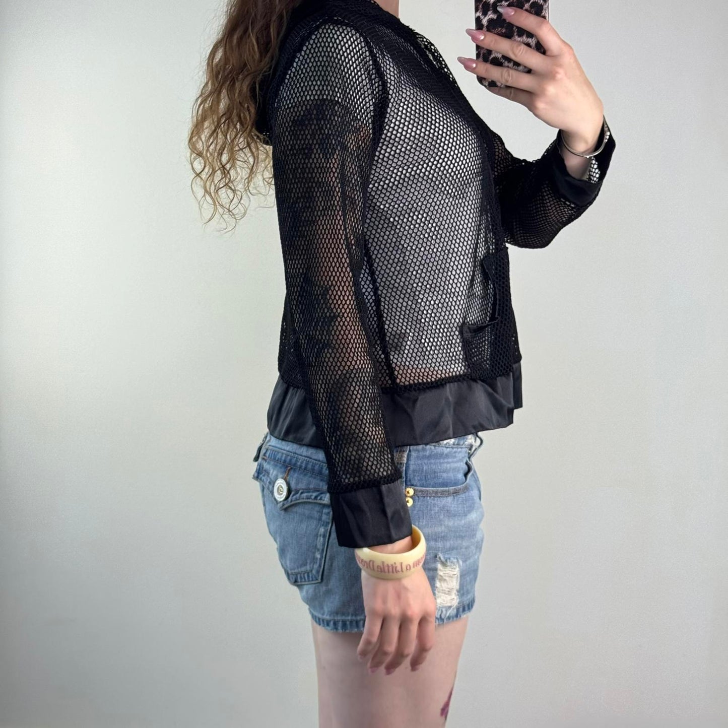 Y2K vintage fishnet mesh perforated zip up hoodie lightweight sheer see through