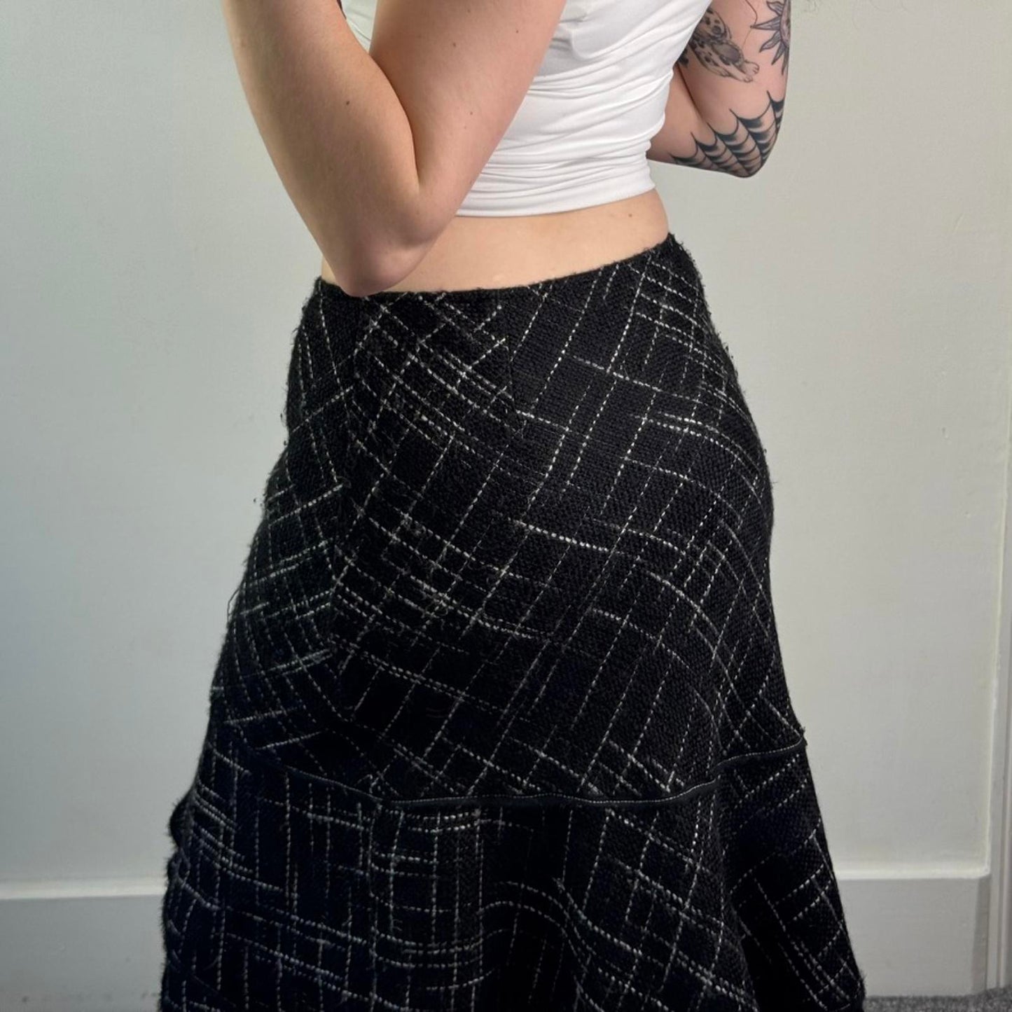 Y2K vintage crisscross pattern tiered midi skirt a line frill hem mid rise