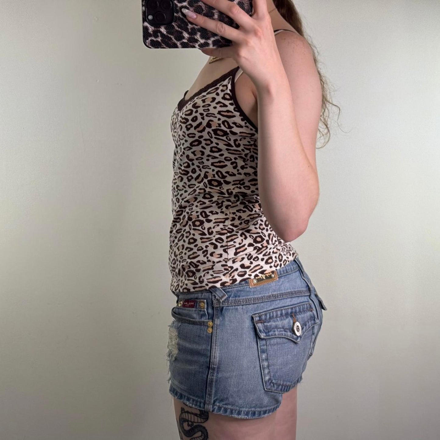 Y2K vintage leopard print cami top lace trim strappy cream brown v neck