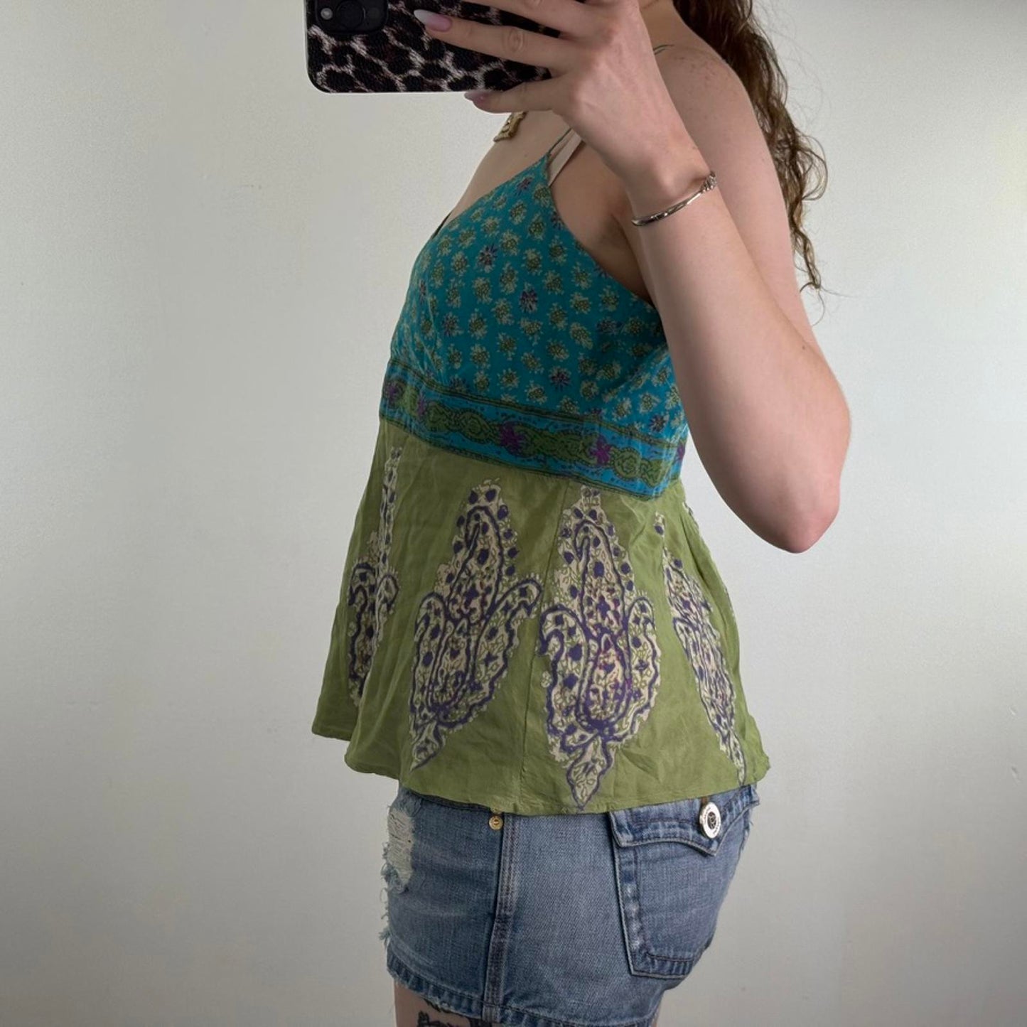 Y2K vintage 100% silk paisley cami top v neck strappy green blue lightweight