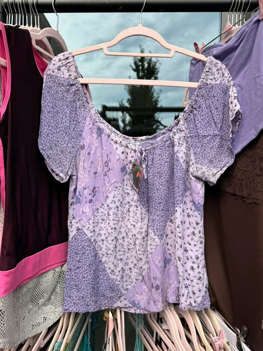 Y2K vintage boho patchwork floral ditsy short sleeve blouse top