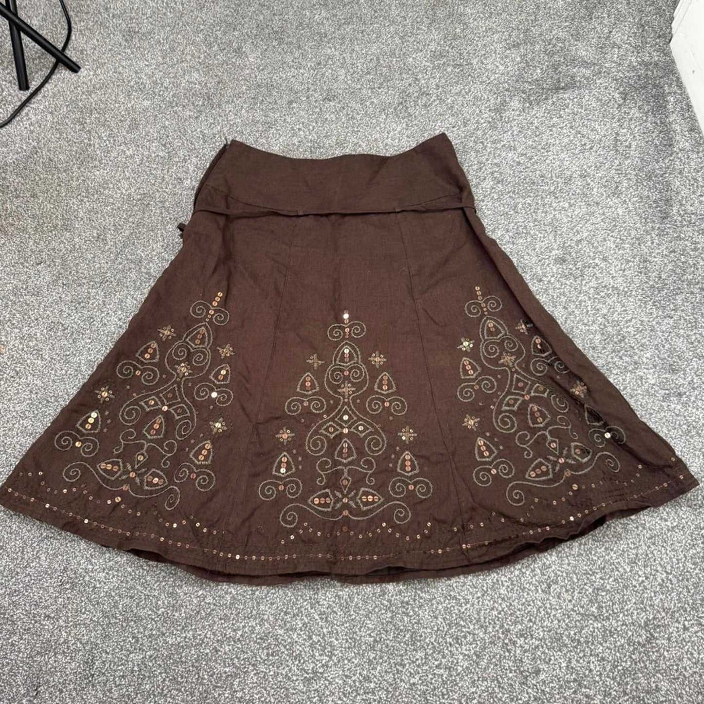 Y2K vintage 100% linen sequin embroidered embellished midi skirt a line belt