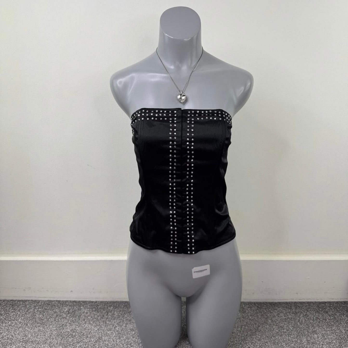 Y2K vintage strapless boned top bustier satin rhinestone hook and eye black