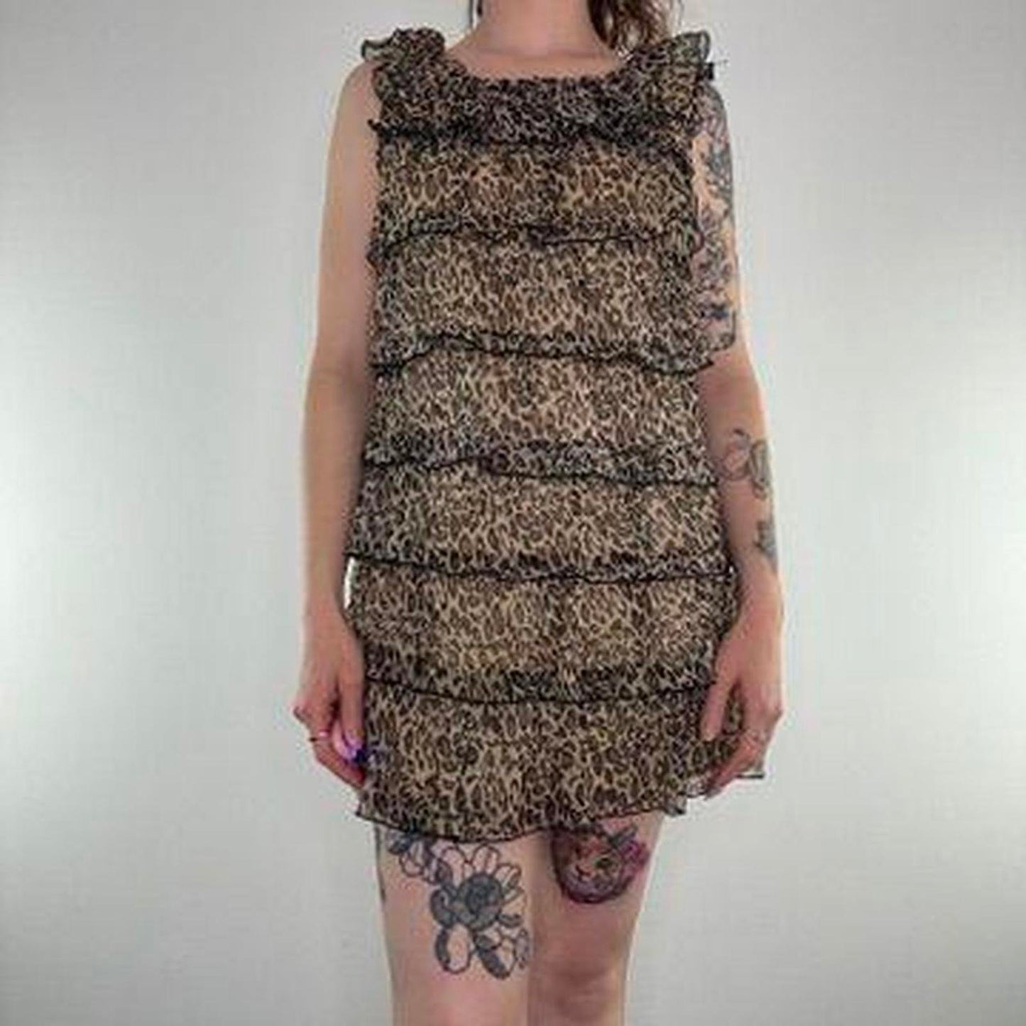 Y2K vintage leopard print frilly tiered mini dress ruffle round neck sleeveless