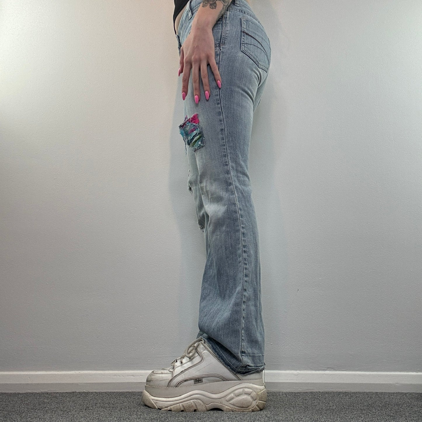 Y2K low rise bootcut patches jeans