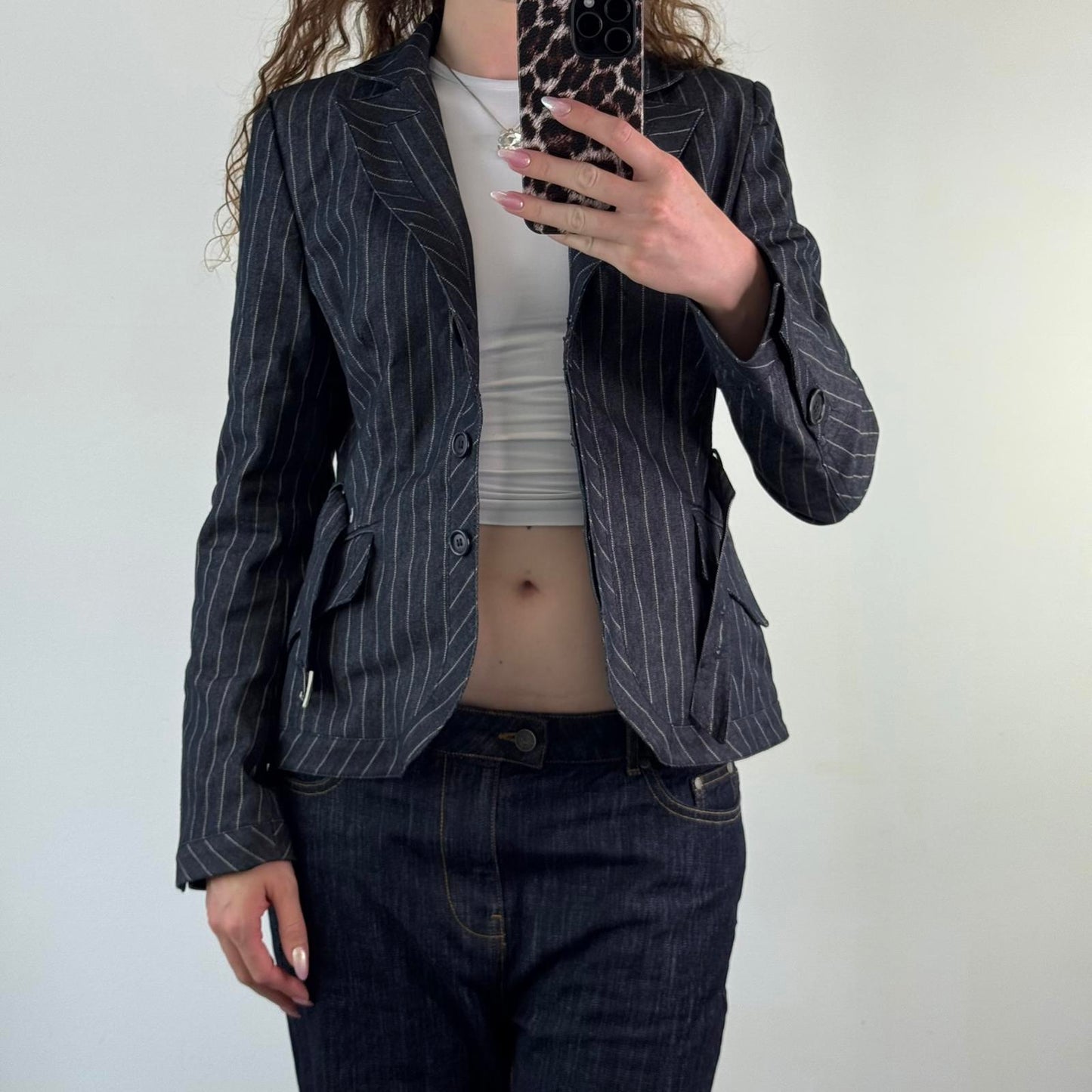 Y2K vintage Karen Millen navy denim pinstripe button up blazer jacket belt