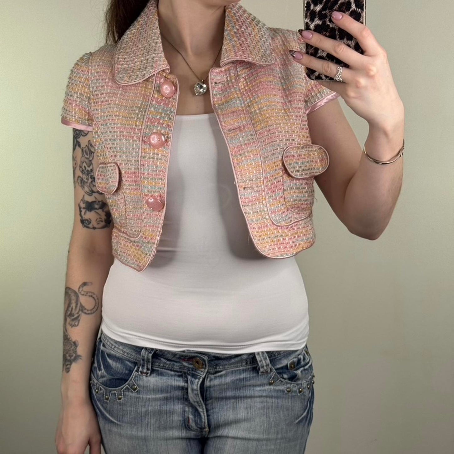 Y2K vintage tweed cropped jacket pastel button up baby pink tailored fitted