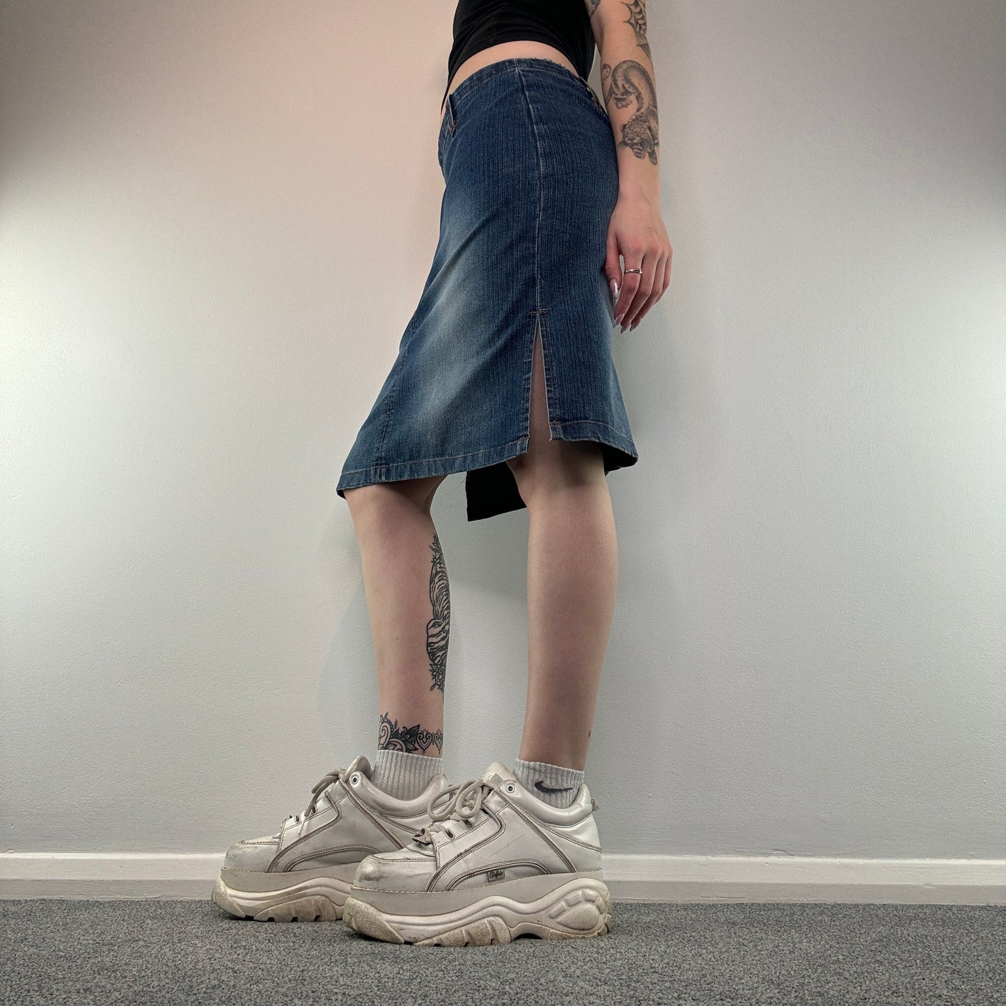 Y2K faded denim midi skirt