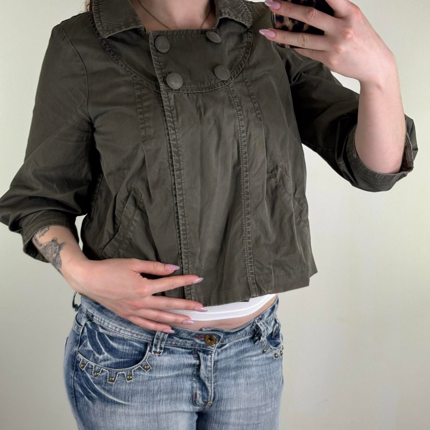 Y2K vintage military pea coat denim jacket ballon 3/4 sleeve pleated cropped