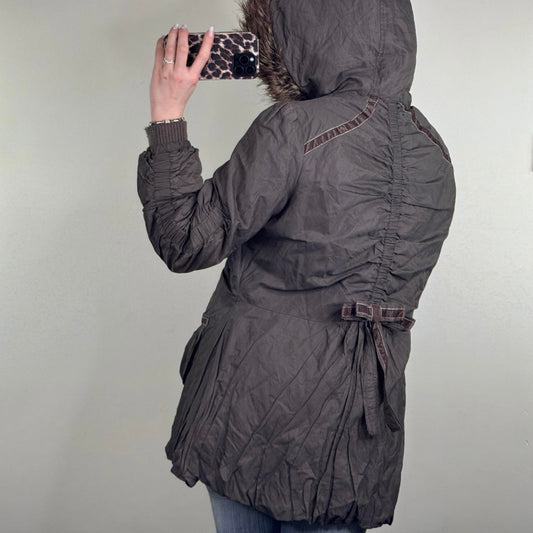 Y2K vintage parka coat ruched bow faux fur hood button up coquette brown velvet