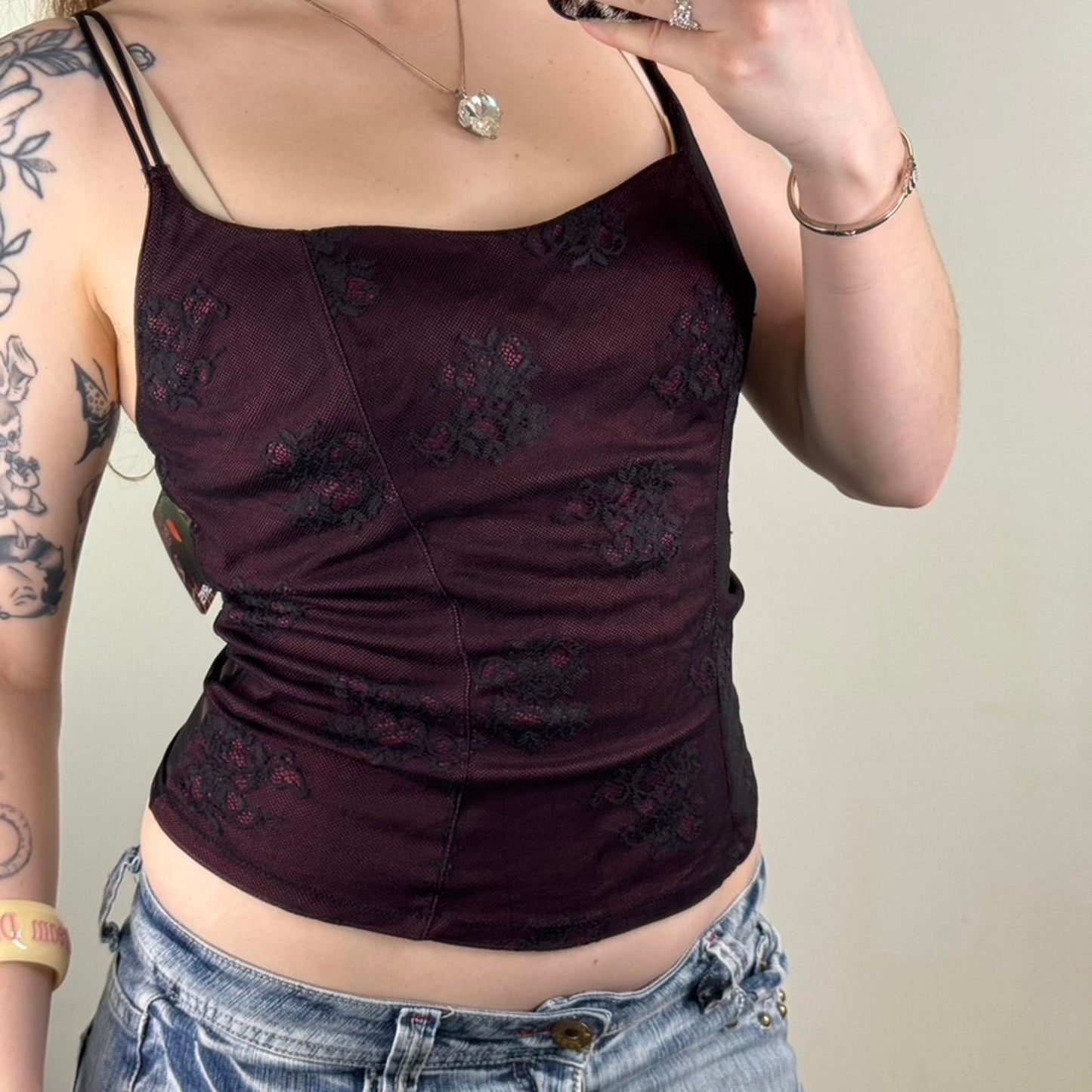Y2K vintage mesh cami top floral sheer strappy stretchy burgundy black