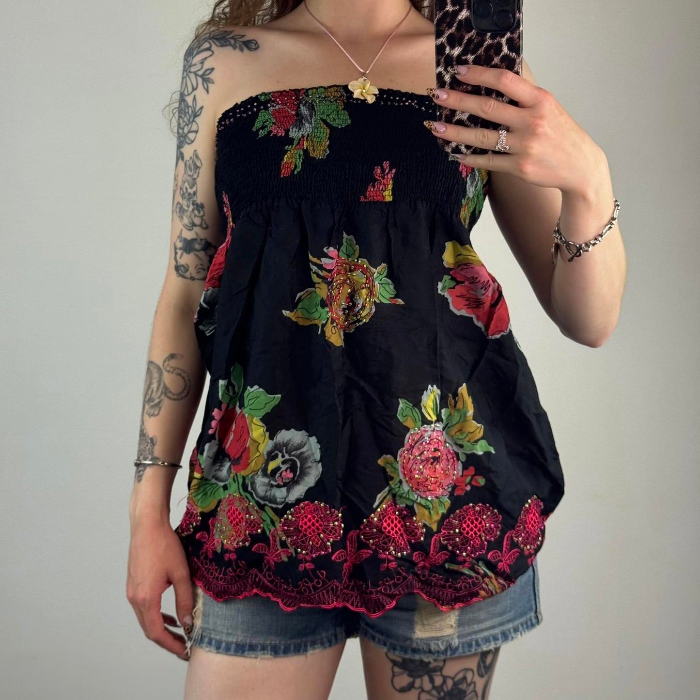 Y2K vintage strapless top floral print beaded stretchy bust floaty flowy