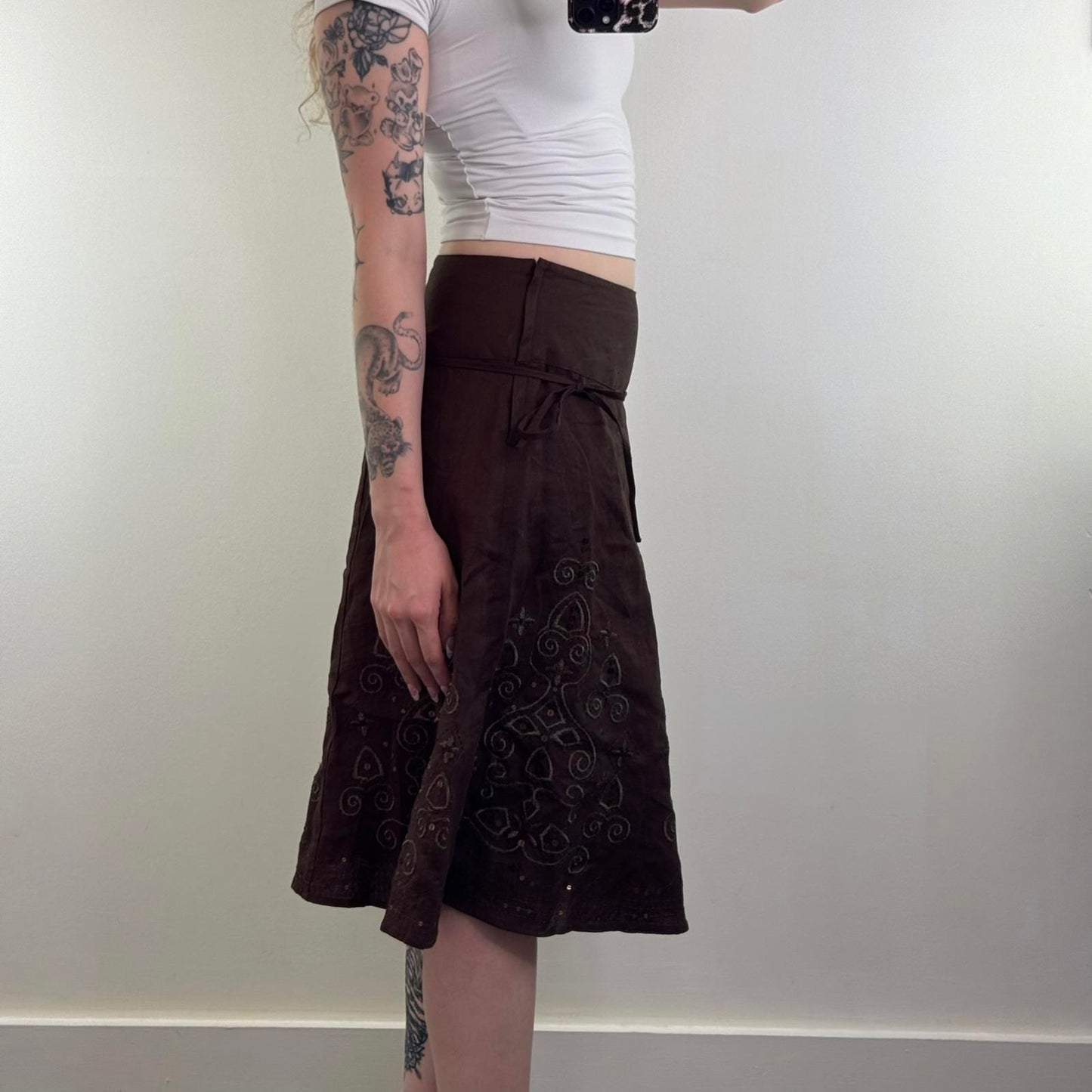 Y2K vintage 100% pure linen a line midi skirt sequin embroidered pattern bow