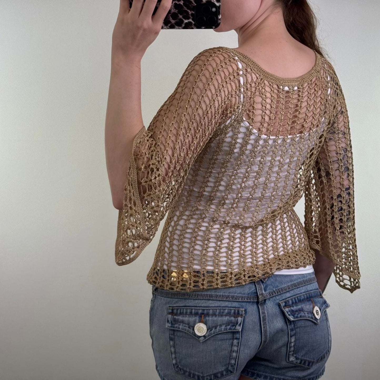 Y2K vintage crochet knit flare 3/4 sleeve top sheer round neck beige pattern