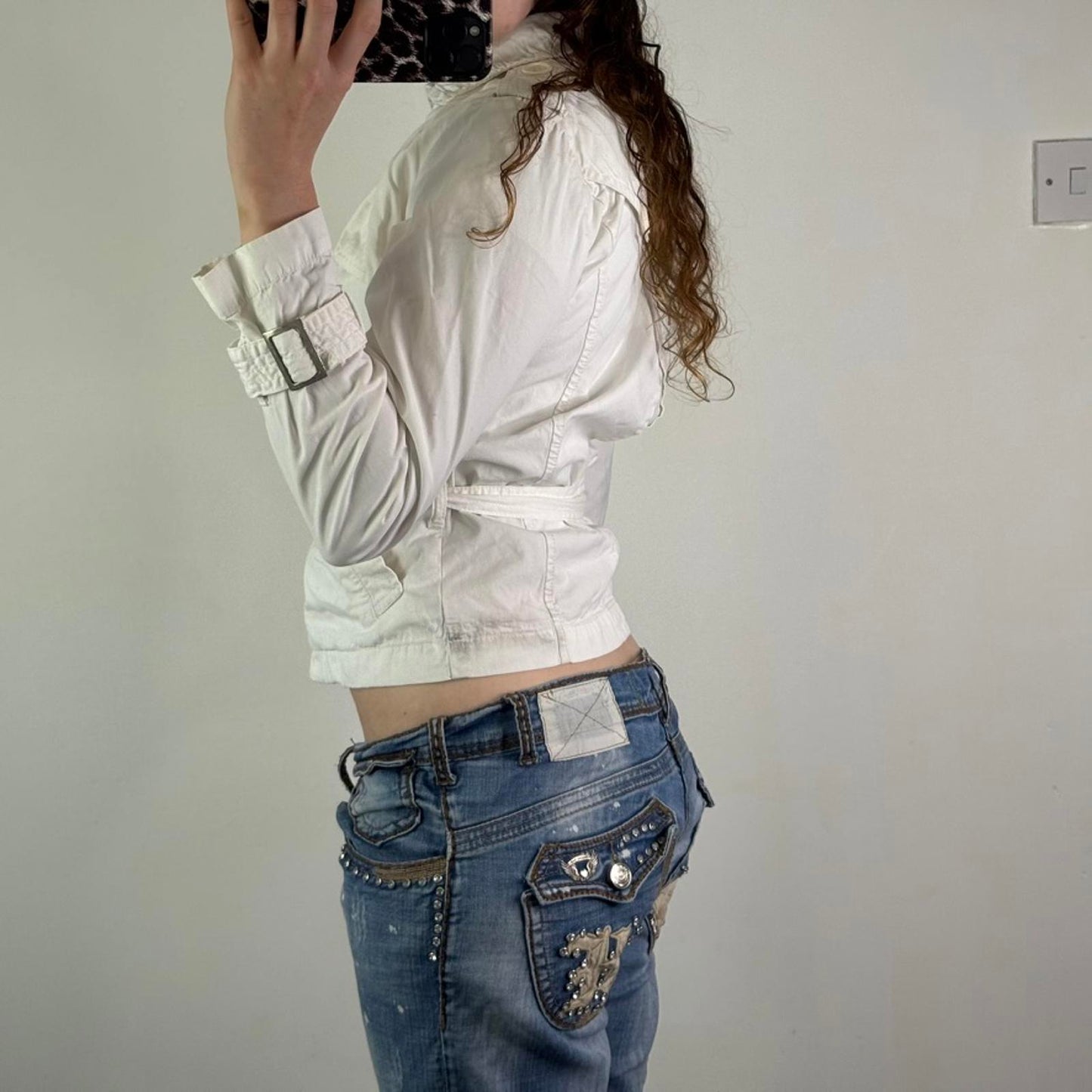 Y2K vintage lightweight button up jacket with belt short trench fitted high neck