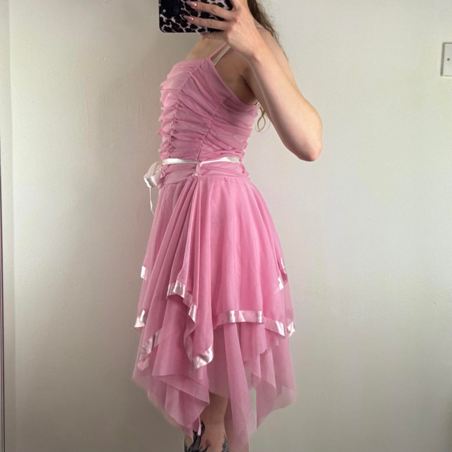 Y2K vintage fairy mesh asymmetrical midi dress layered ruffle satin baby pink