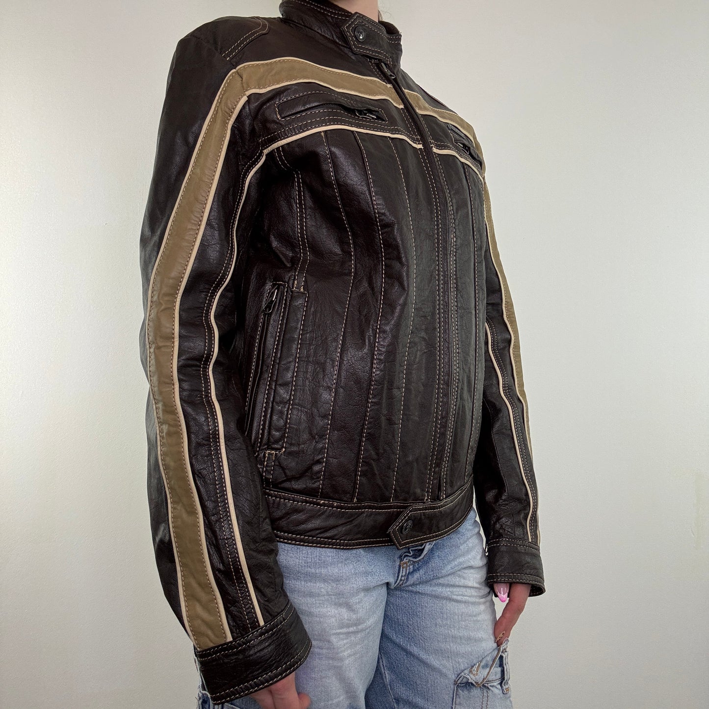 Y2K vintage leather two tone zip up jacket racing biker motorcycle style