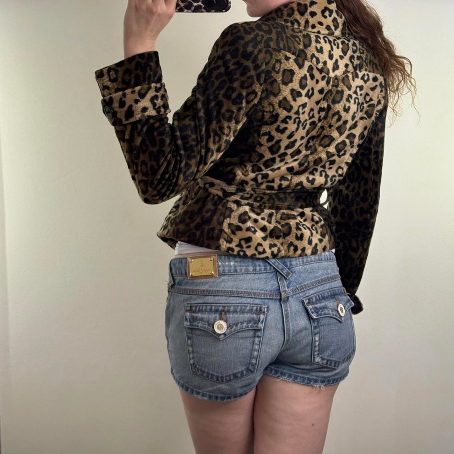 Y2K vintage fuzzy leopard print short jacket with belt flattering lightweight