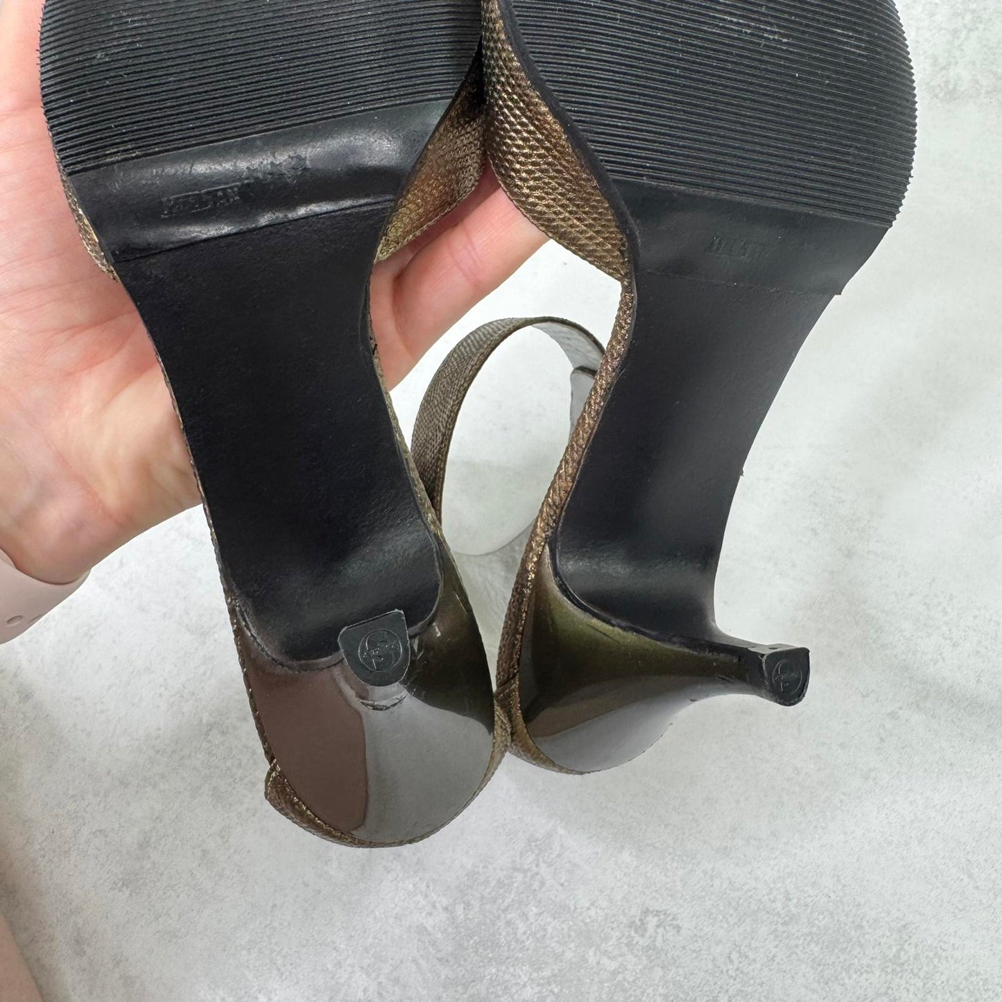 Y2K vintage Gucci by Tom Ford Gold Leather Heels with Ankle Strap Snake